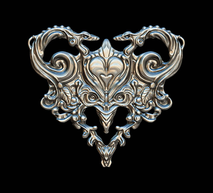 Zbrush 3d sculpted heart pendant with snakes